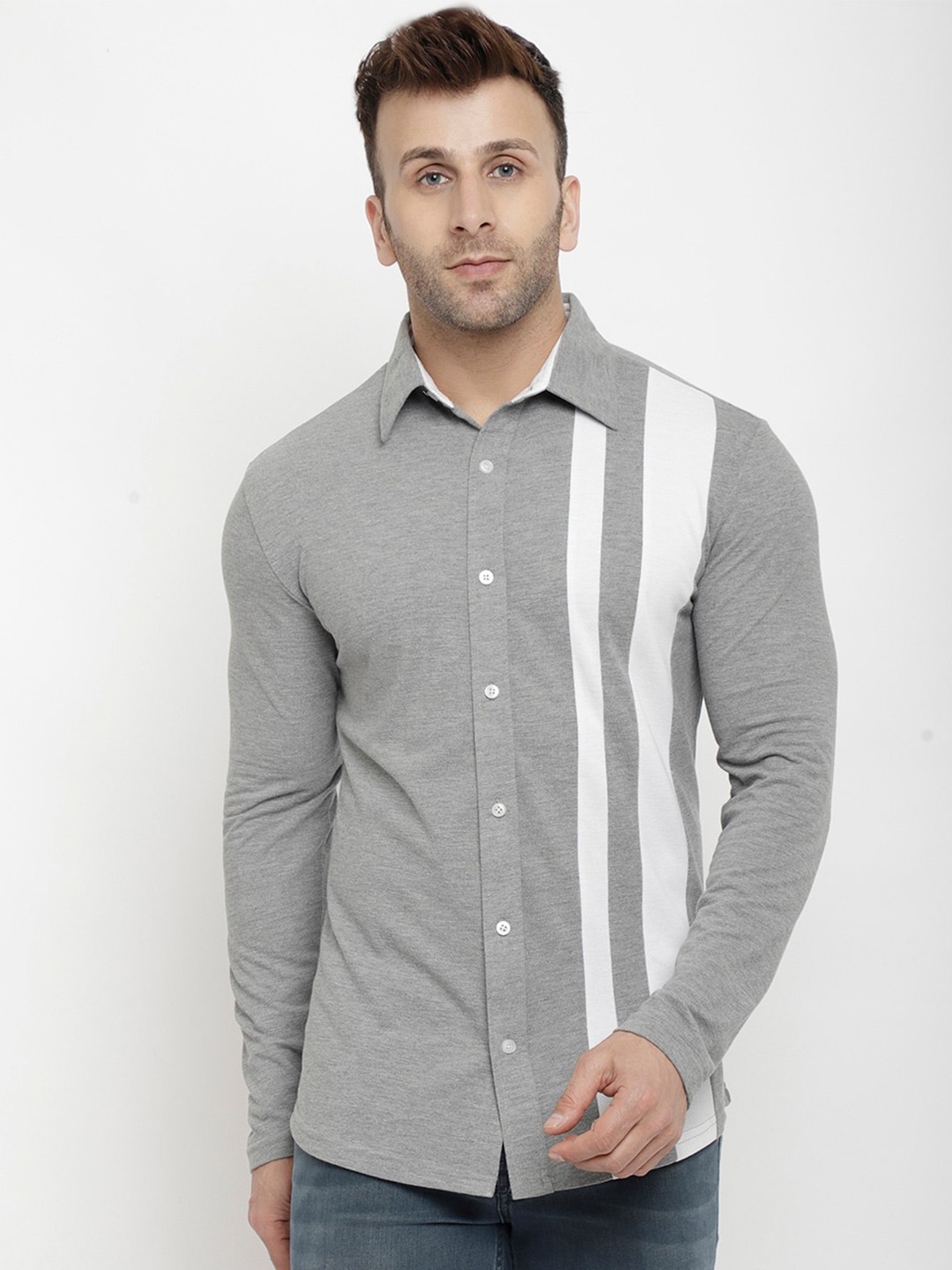 

PERFKT-U Men Grey Classic Striped Casual Shirt