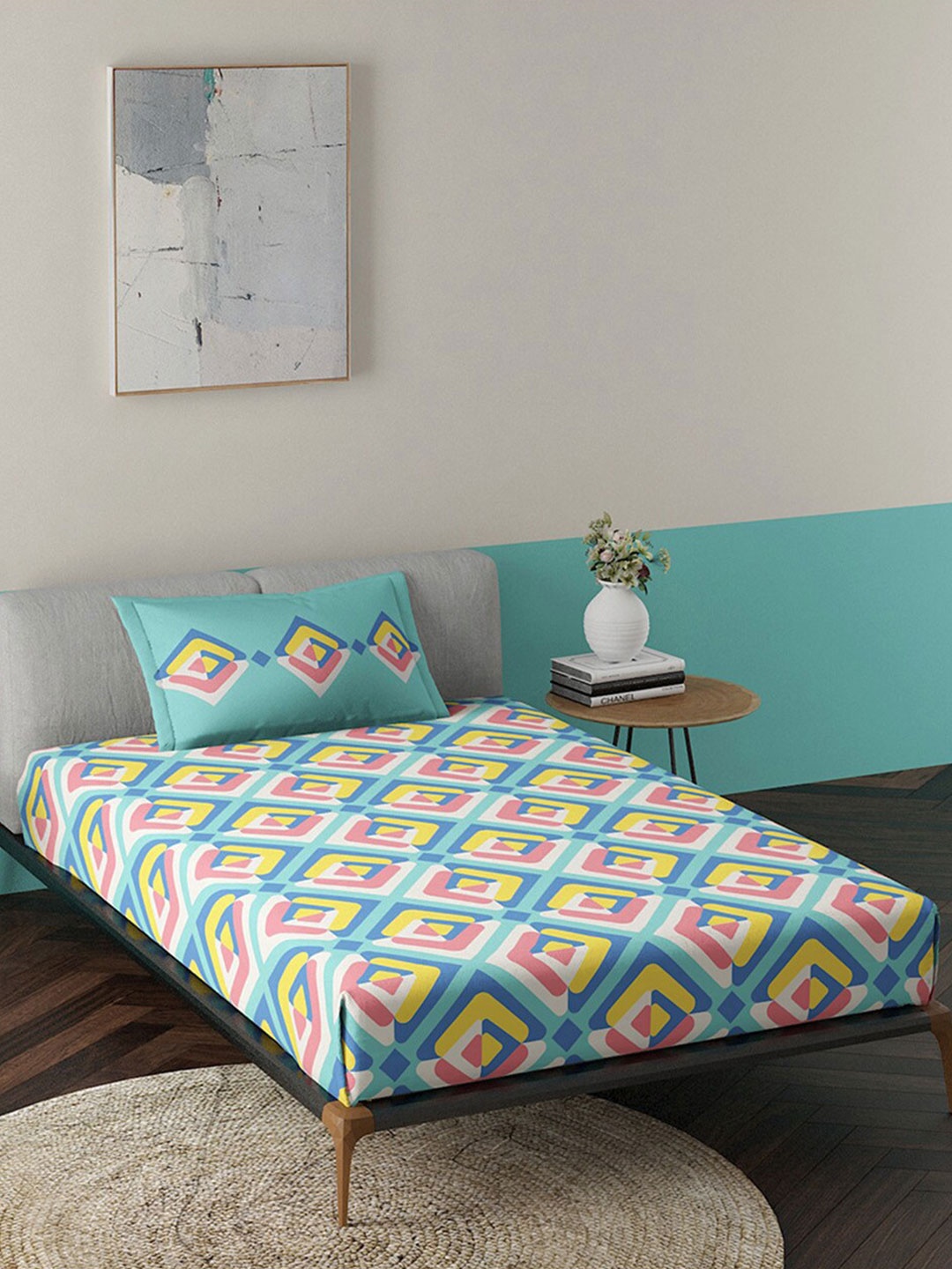 

Duroflex Teal & Yellow Geometric 144 TC Pure Cotton Single Bedsheet with 1 Pillow Covers