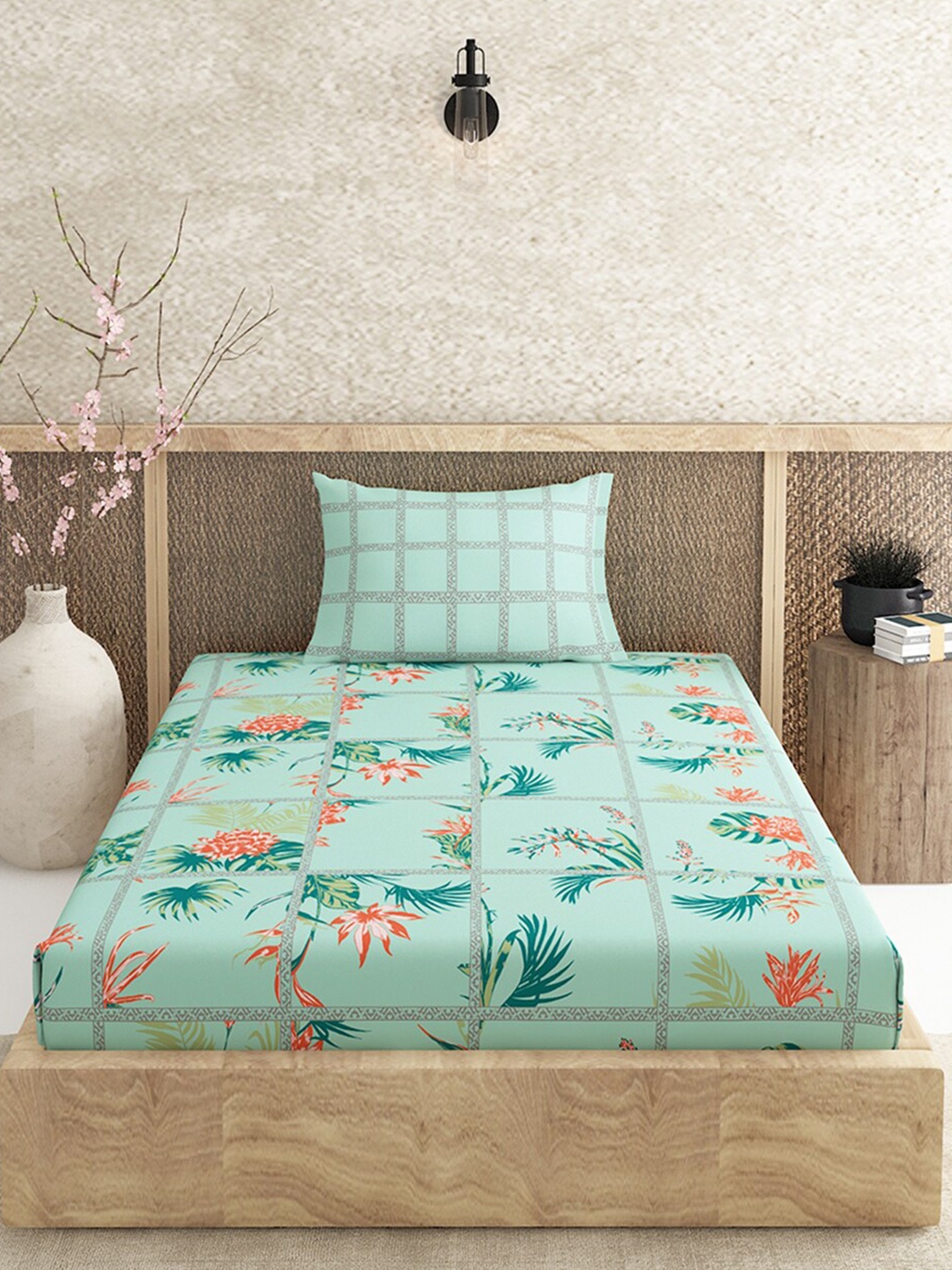 

Duroflex Sea Green & Orange Floral 144 TC Pure Cotton Single Bedsheet with 1 Pillow Cover
