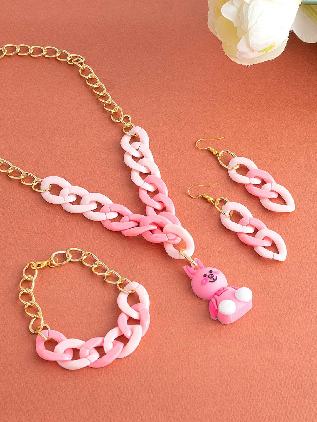 

Golden Peacock Girls Gold-Toned & Pink Teddy Bear Charm Jewellery Set