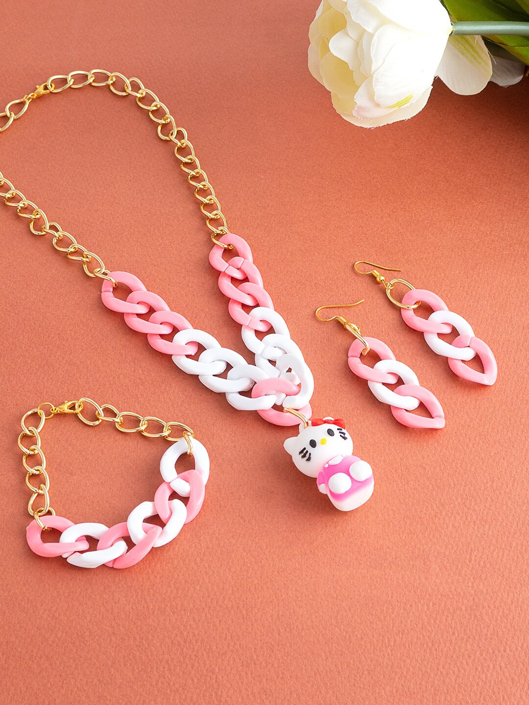 

Golden Peacock Girls Gold-Plated Pink & White Charm Jewelry Set