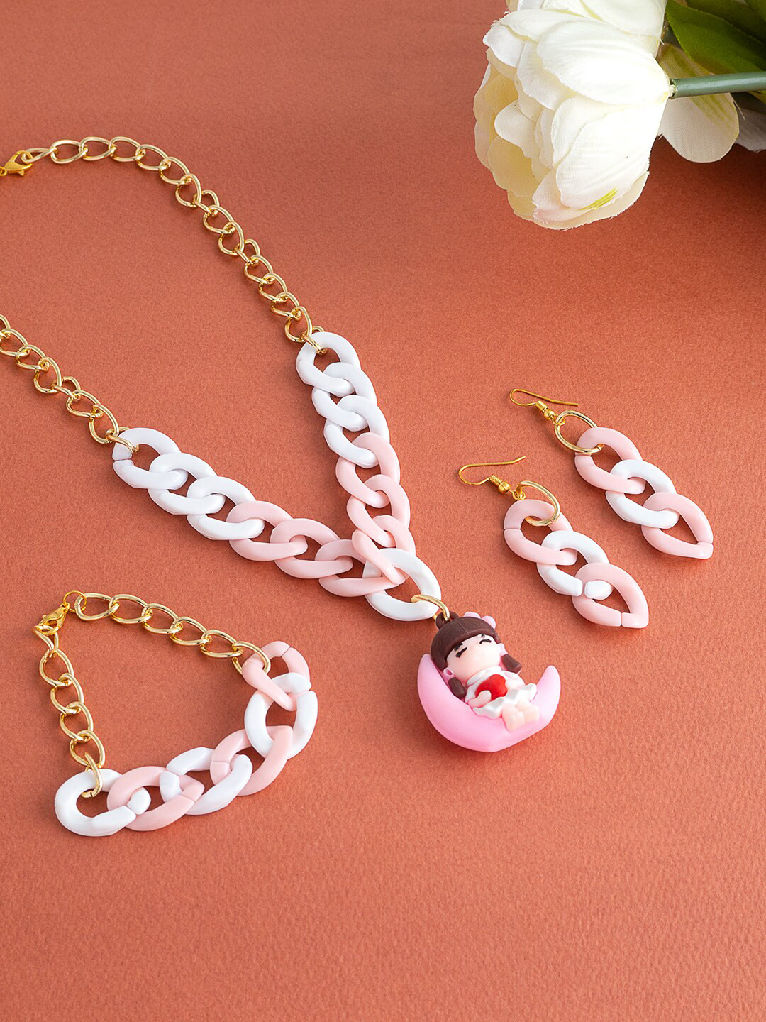 

Golden Peacock Girls Gold-Toned Pink & White Cute Moon Girl Charm Jewellery Set