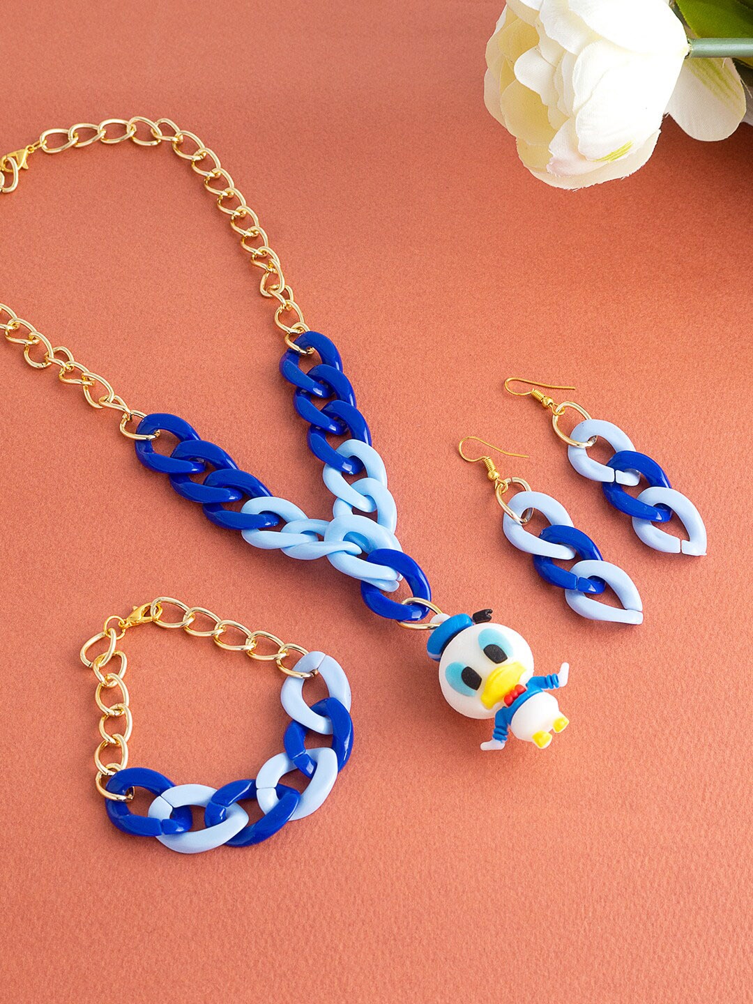 

Golden Peacock Gold-Toned Navy Blue Donald Duck Charm Necklace With Bracelet & Earrings Set