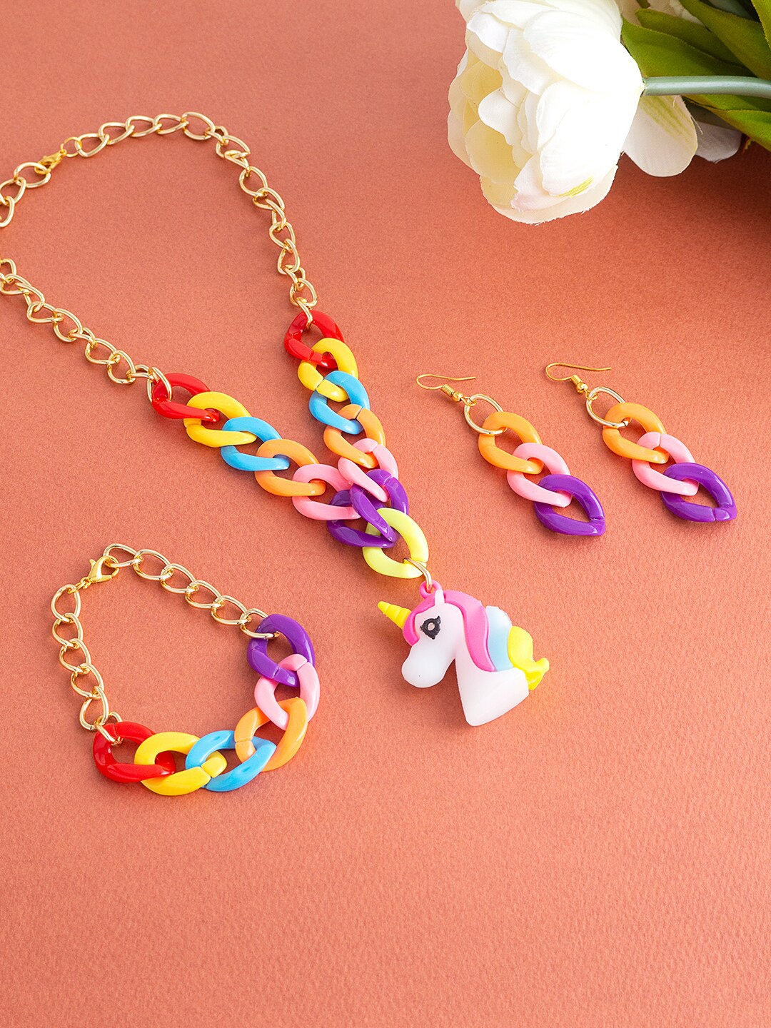 

Golden Peacock Gold-Toned Unicorn Necklace With Bracelet & Earrings Set