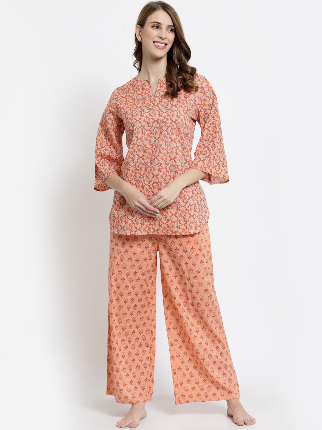 

Sweet Dreams Women Peach-Coloured & Multicoloured Printed Pure Cotton Night suit