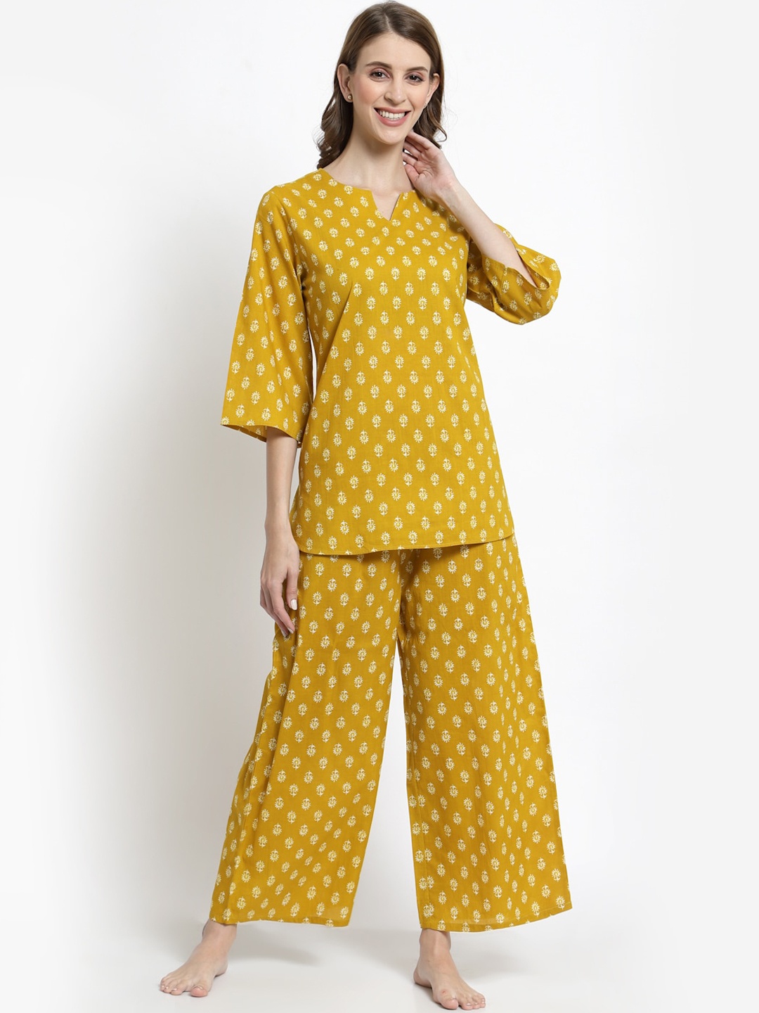 

Sweet Dreams Women Yellow & White Printed Pure Cotton Night suit