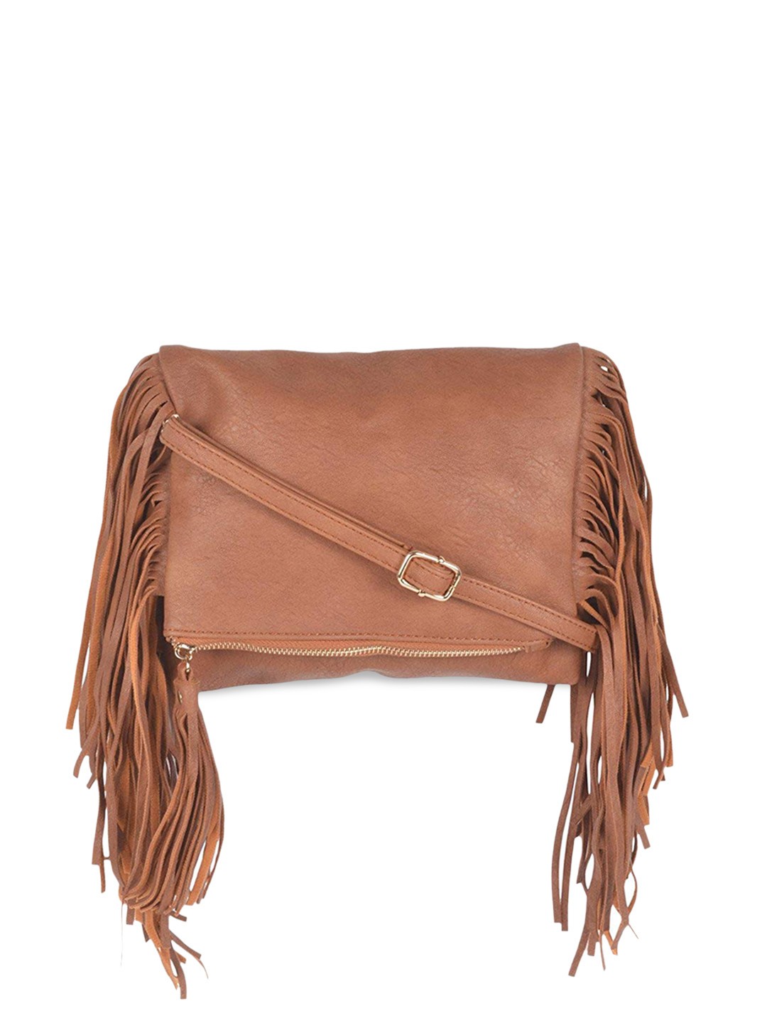 

KLEIO Brown PU Fringed Structured Shoulder Bag