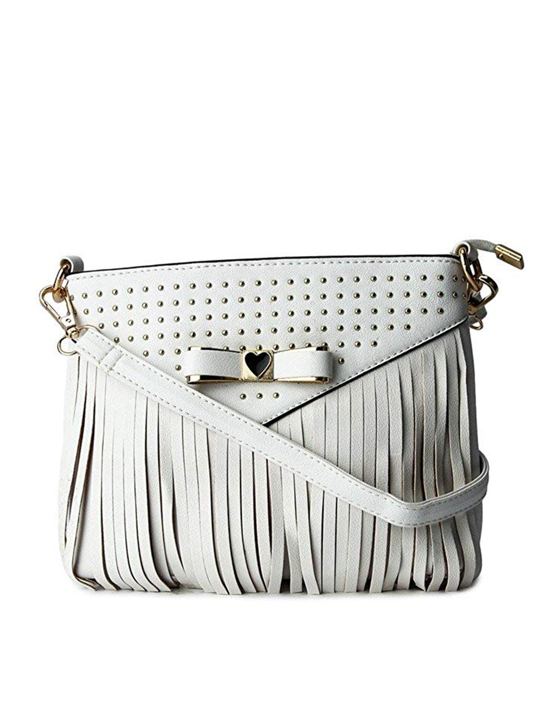 

KLEIO Grey Embellished PU Structured Fringed Sling Bag