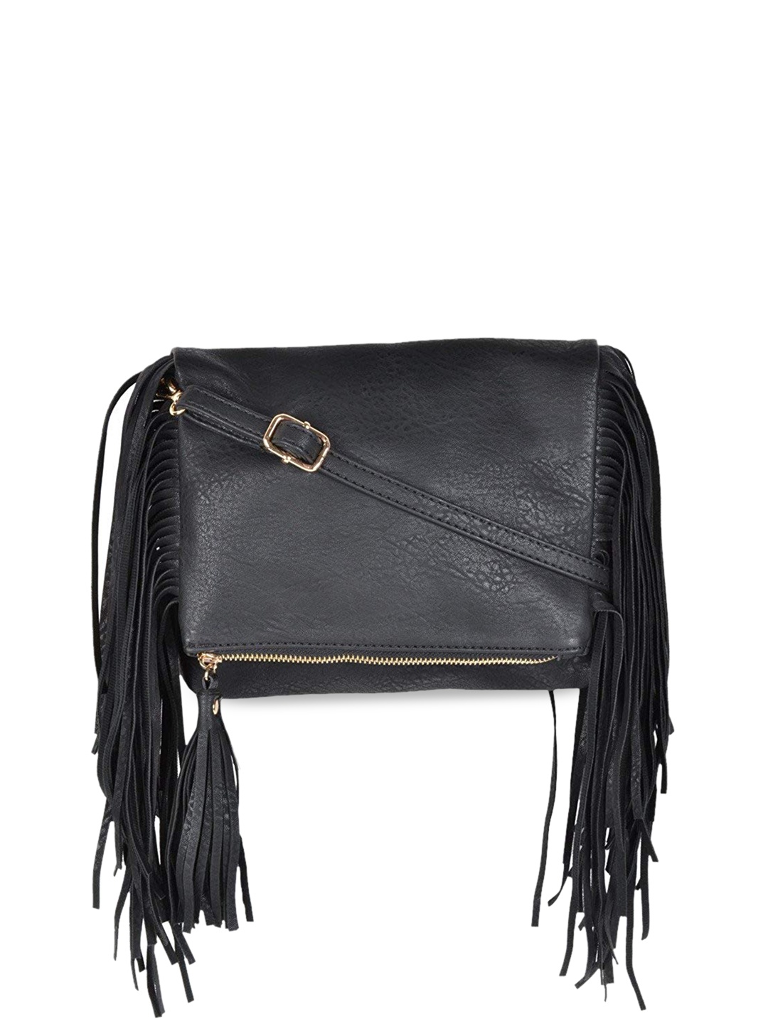 

KLEIO Black PU Structured Fringed Sling Bag