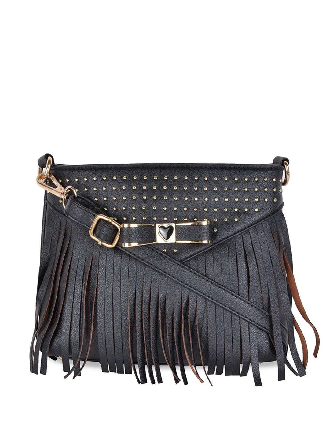 

KLEIO Black Embellished PU Structured Sling Bag with Fringed
