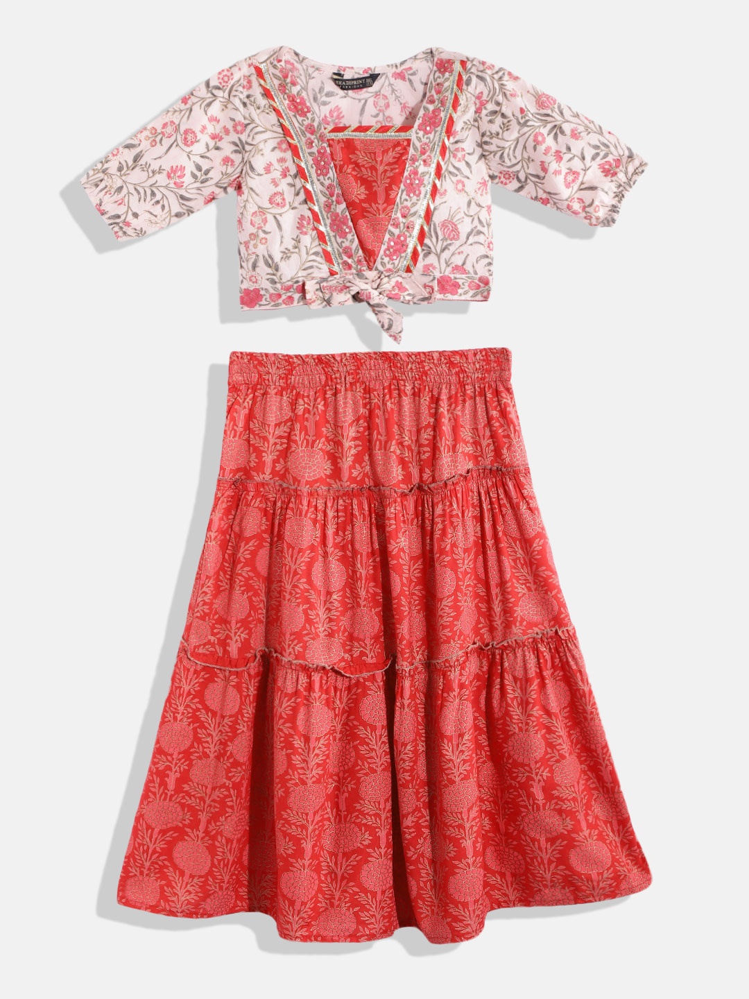

Readiprint Fashions Girls Pink & Red Printed Sequinned Ready to Wear Lehenga