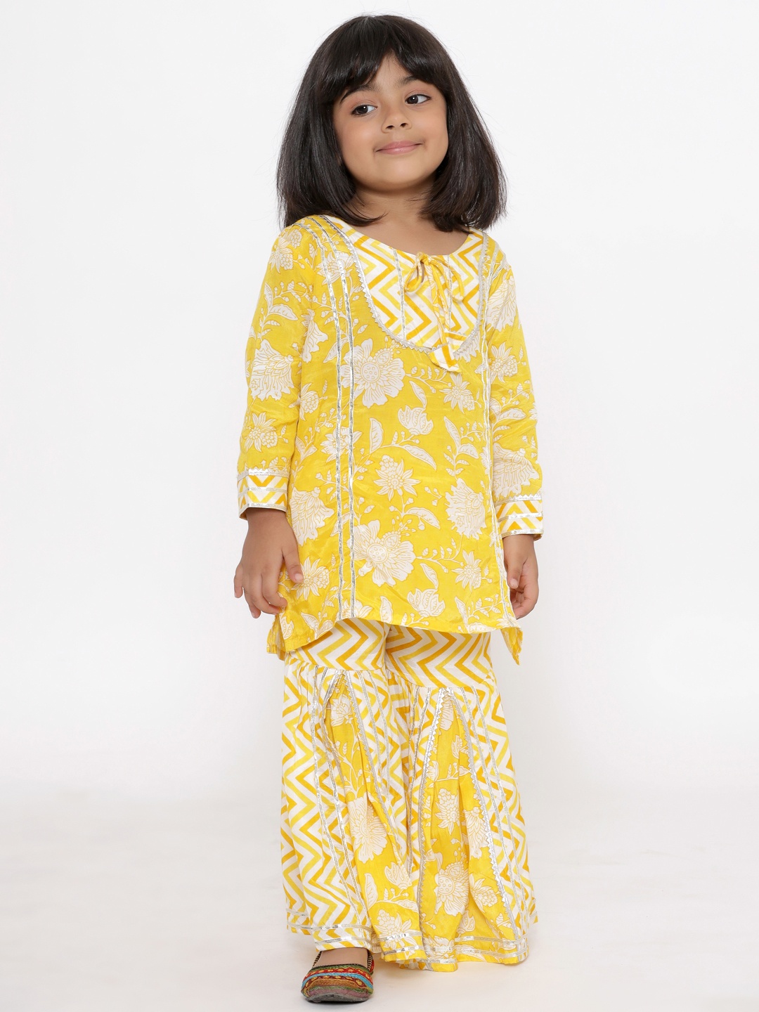 

Readiprint Fashions Girls Yellow Floral Printed Gotta Patti Kurti with Sharara