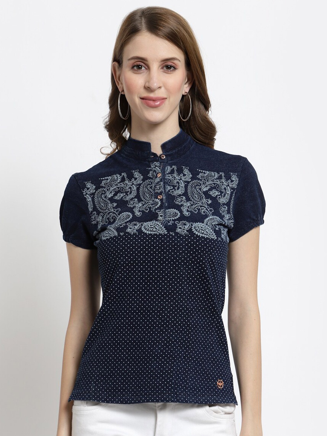

Juelle Women Navy Blue Floral Printed Mandarin Collar Slim Fit T-shirt