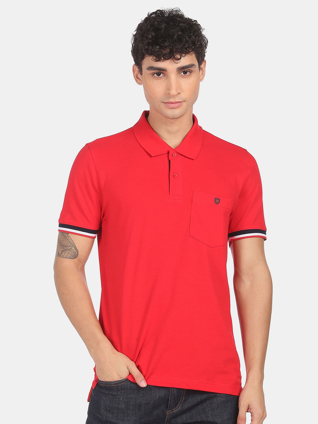 

AD By Arvind Men Red & Black Polo Collar Slim Fit T-shirt