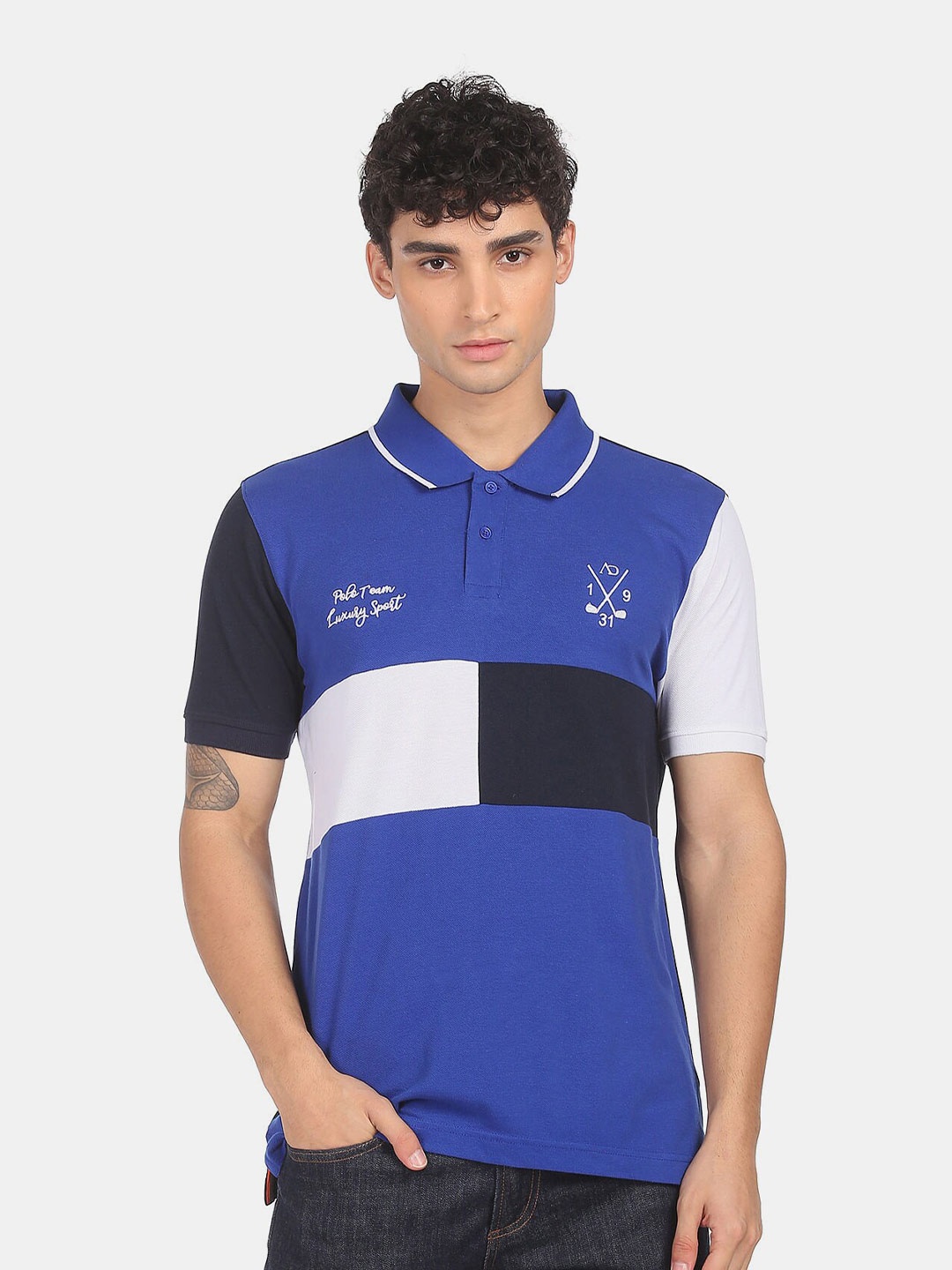 

AD By Arvind Men Blue Colourblocked Polo Collar Slim Fit T-shirt