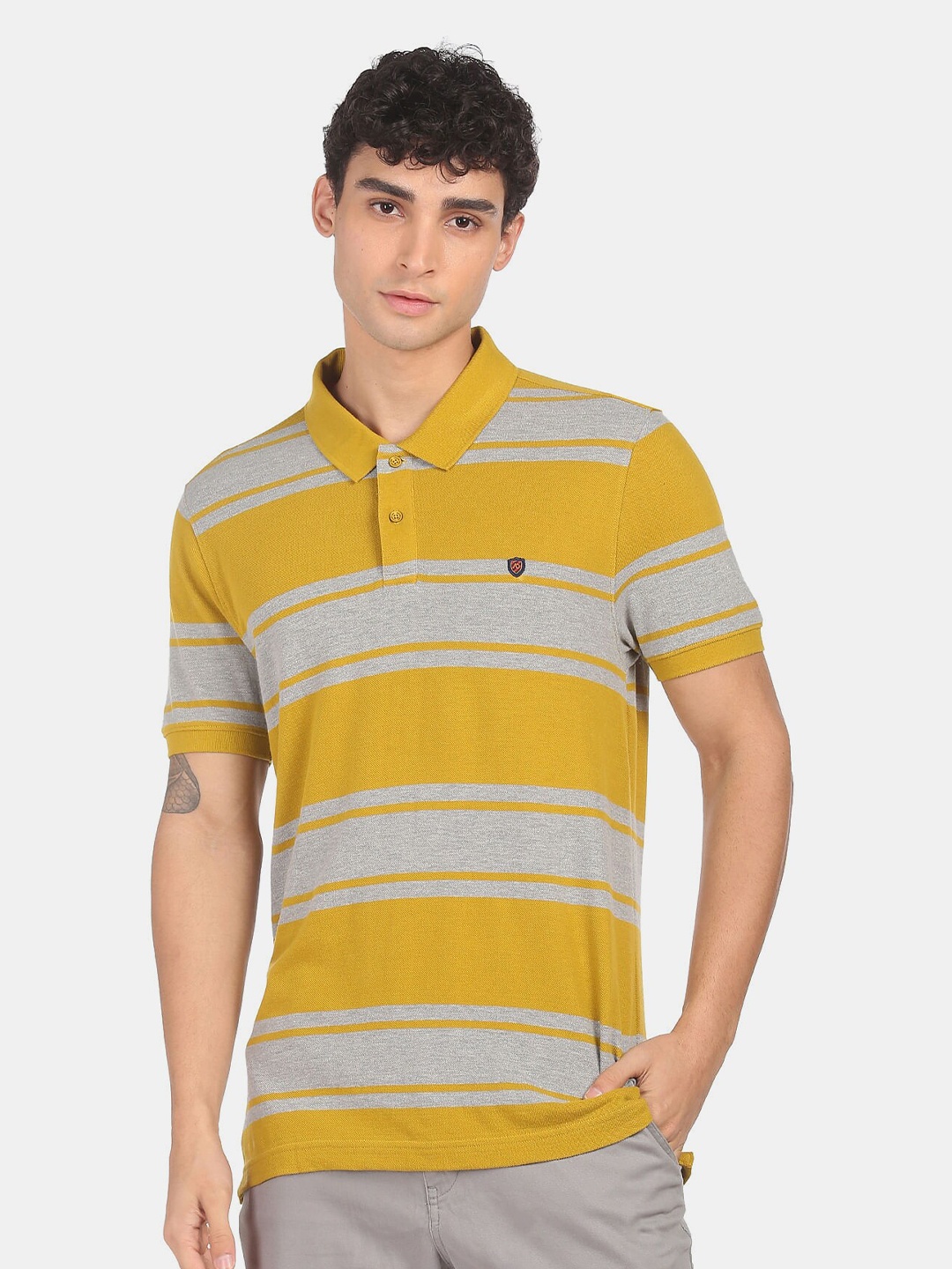 

AD By Arvind Men Yellow & Grey Striped Polo Collar Slim Fit 100% Cotton T-shirt