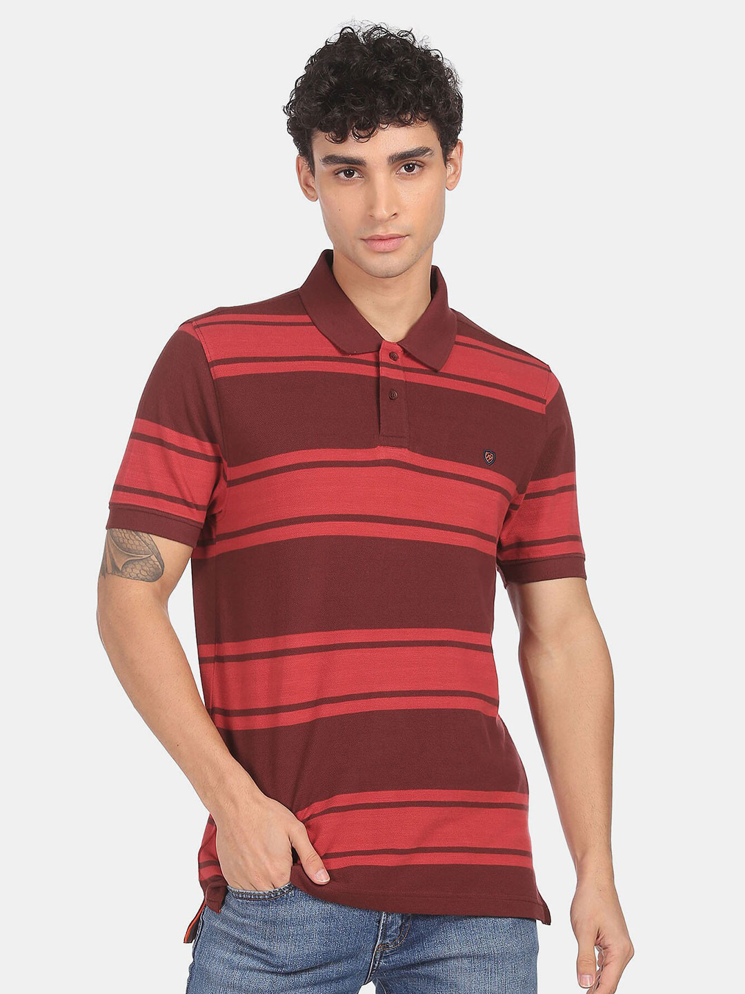 

AD By Arvind Men Red Striped Polo Collar Pure Cotton Slim Fit T-shirt