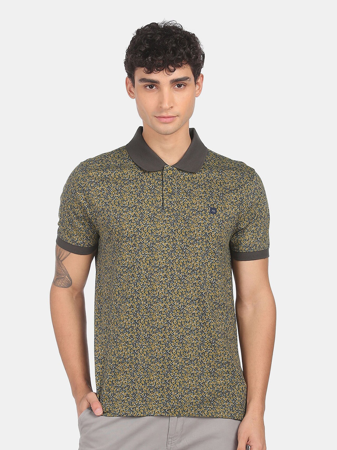 

AD By Arvind Men Olive Green & Brown Printed Polo Collar Cotton Slim Fit T-shirt