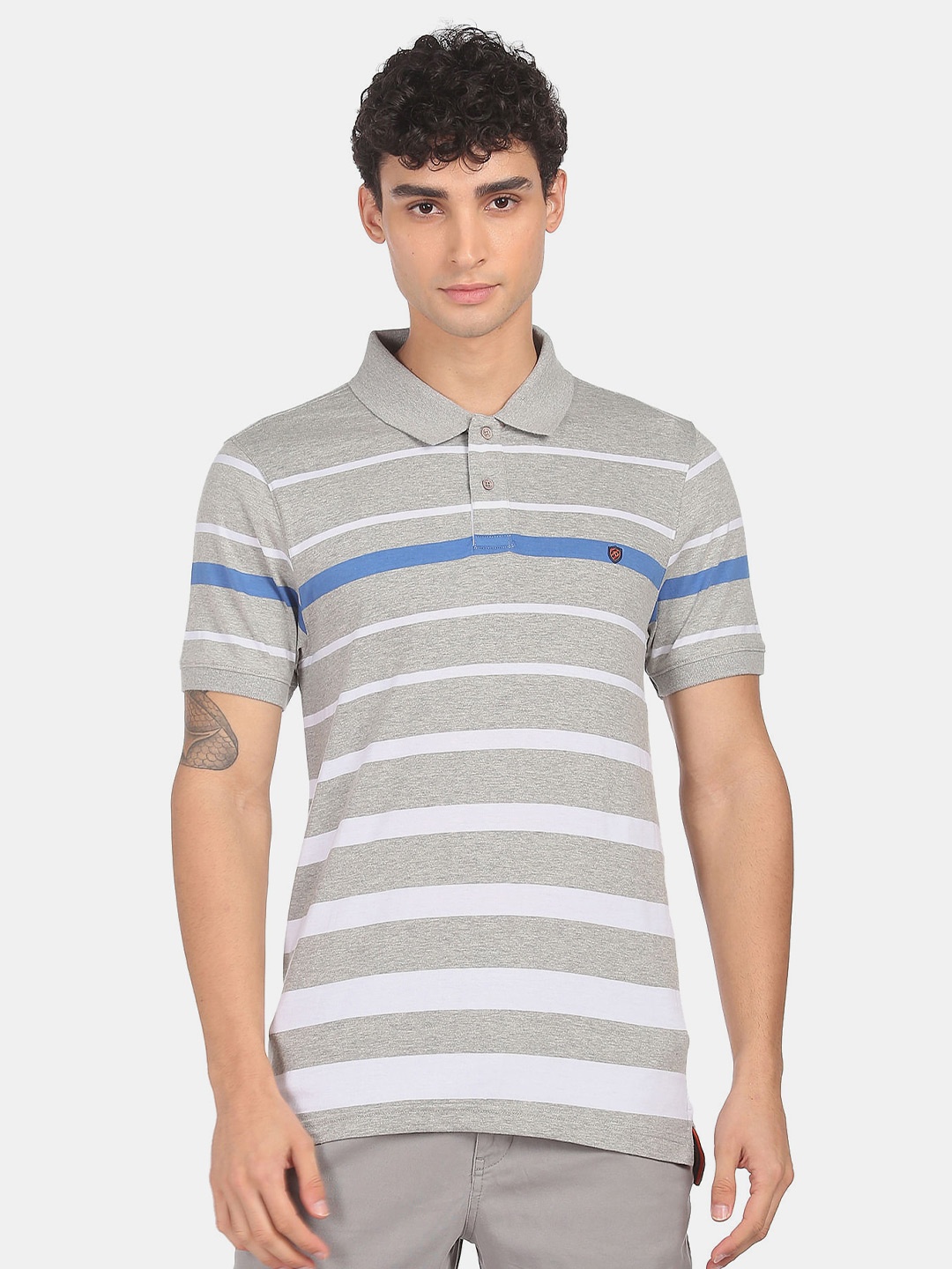 

AD By Arvind Men Grey & White Striped Polo Collar Slim Fit T-shirt