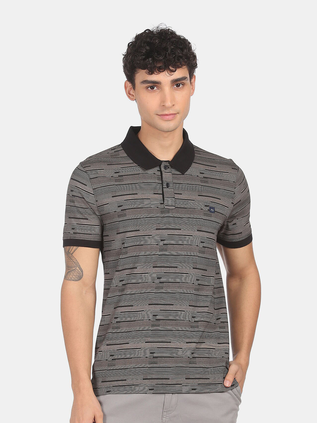 

AD By Arvind Men Grey Striped Polo Collar Pure Cotton Slim Fit T-shirt