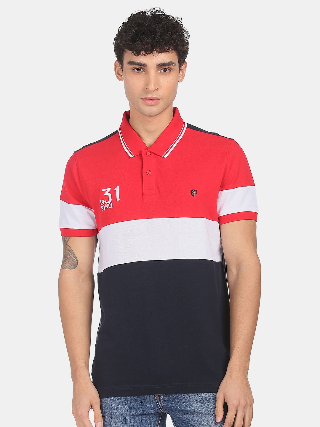 

AD By Arvind Men Red Colourblocked Polo Collar Slim Fit Cotton T-shirt
