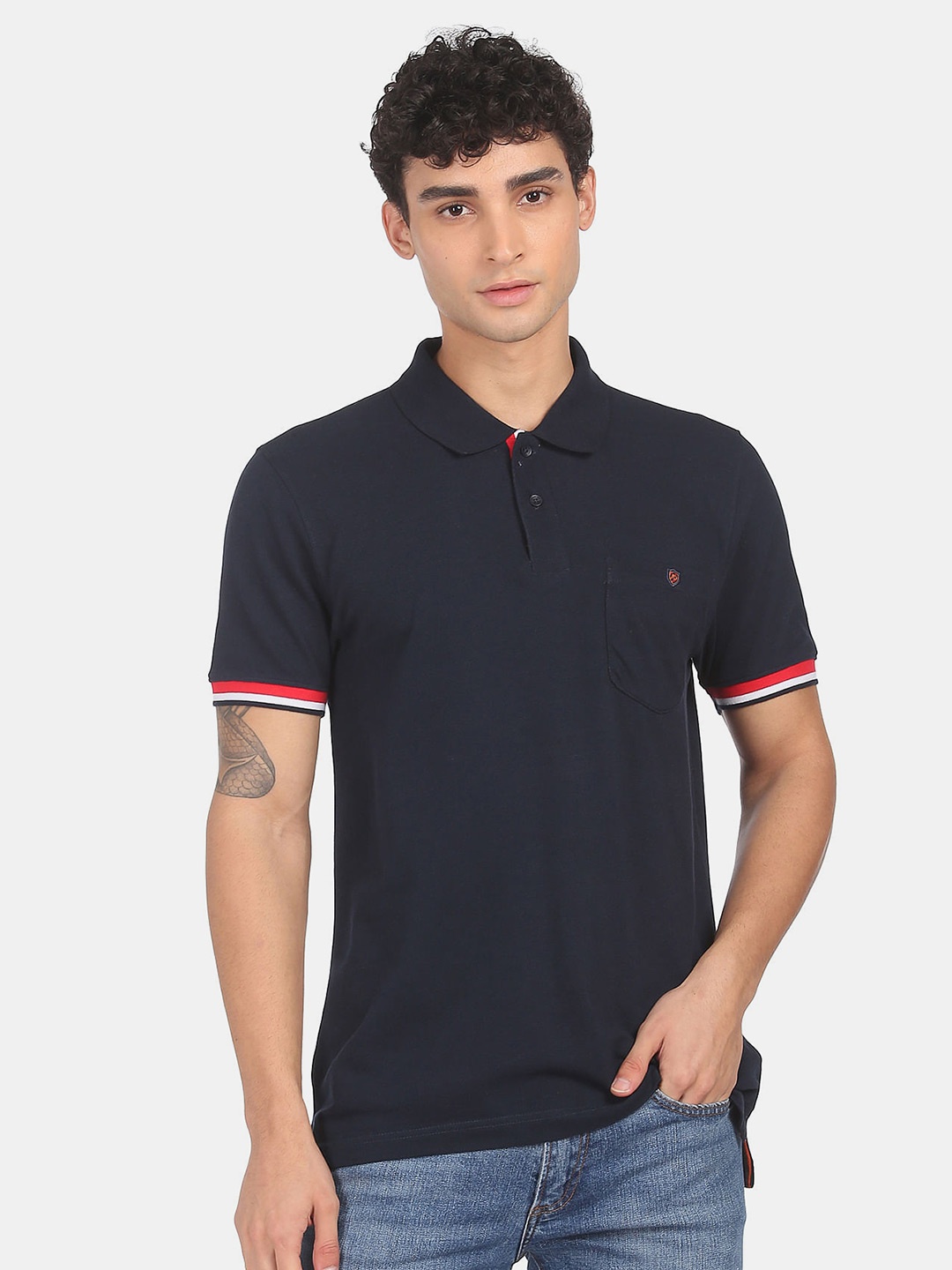 

AD By Arvind Men Blue Solid Polo Collar Slim Fit Pure Cotton T-shirt