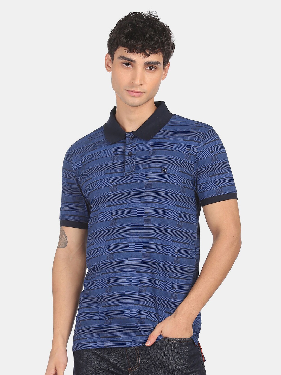 

AD By Arvind Men Blue Striped Polo Collar Cotton Slim Fit T-shirt