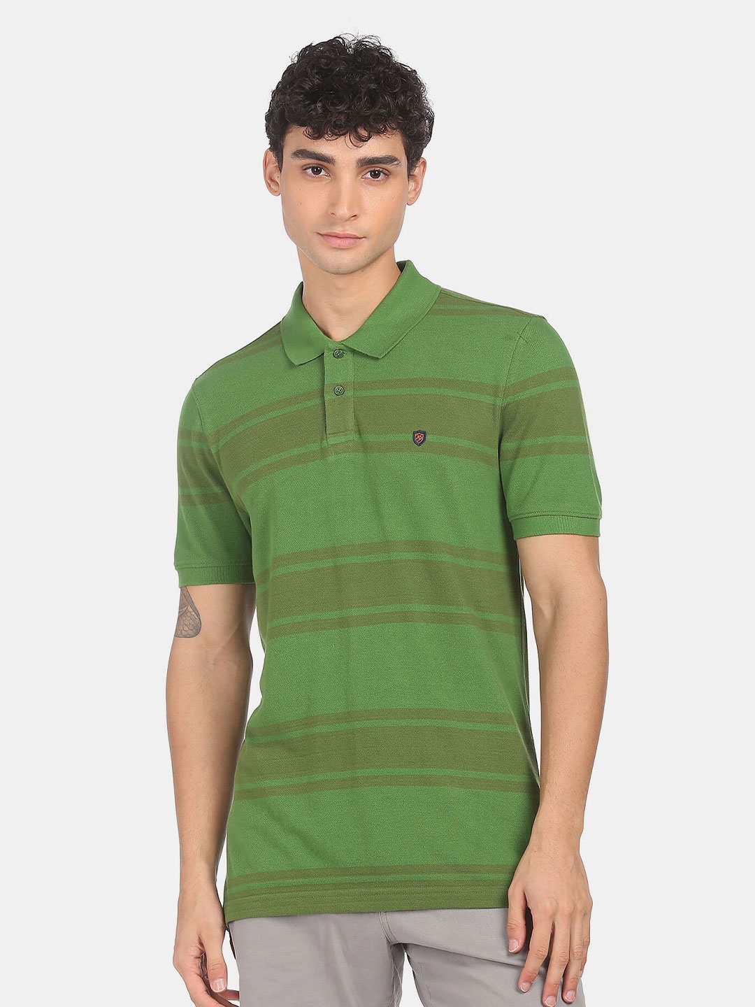 

AD By Arvind Men Green Striped Polo Collar Cotton Slim Fit T-shirt