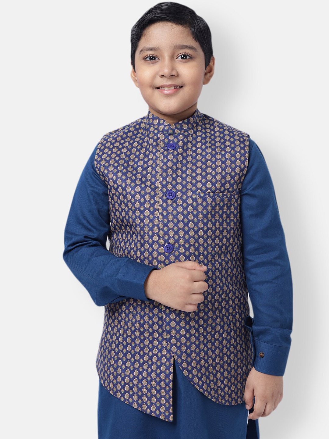 

NAMASKAR Kids Boys Blue Printed Cotton Nehru Jackets