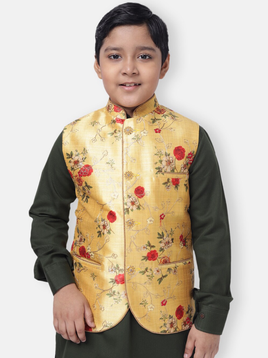 

NAMASKAR Boys Yellow & Red Floral Printed Nehru Jackets