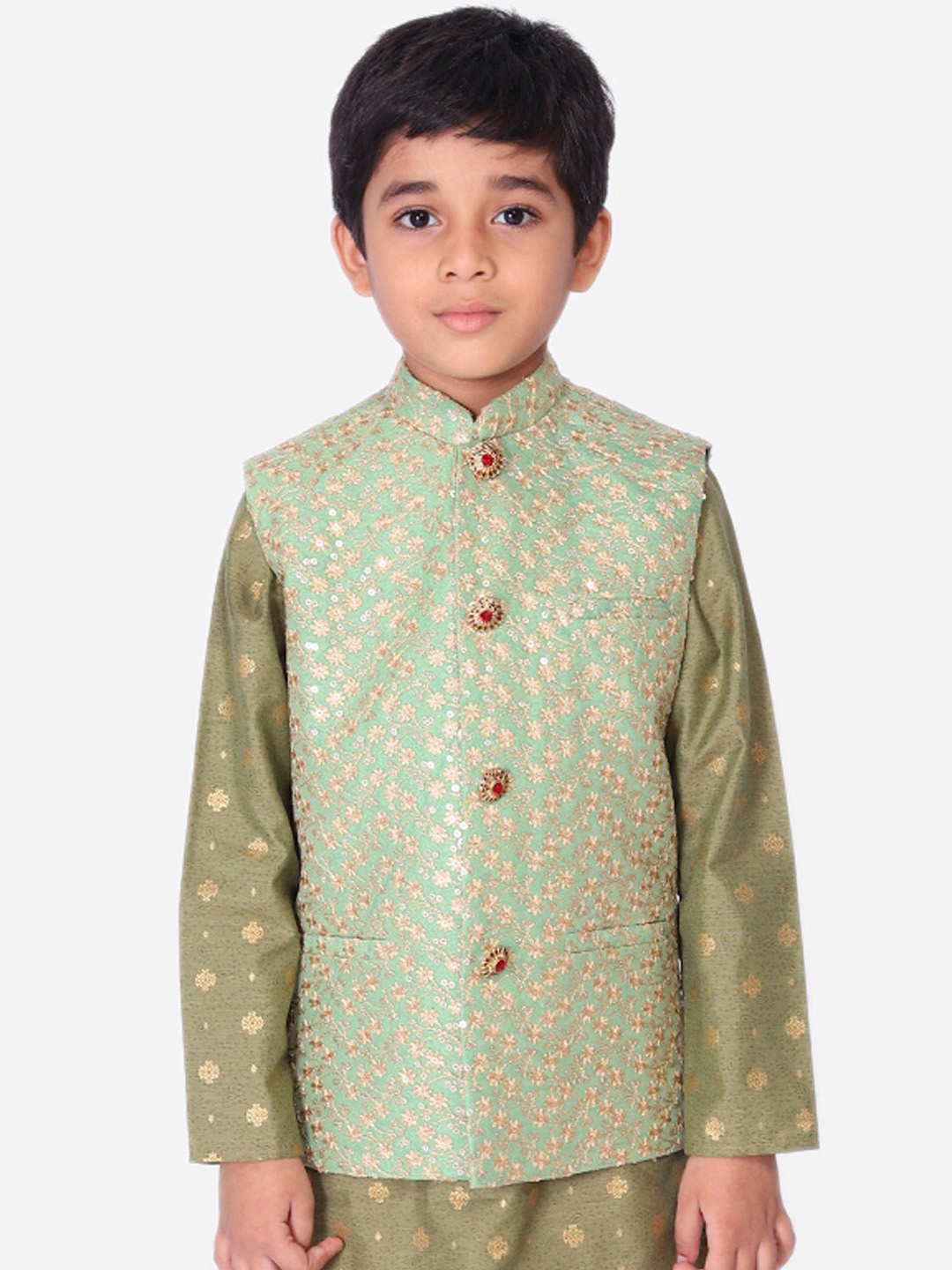 

NAMASKAR Boys Green & Gold-Colored Printed Woven Nehru Jacket