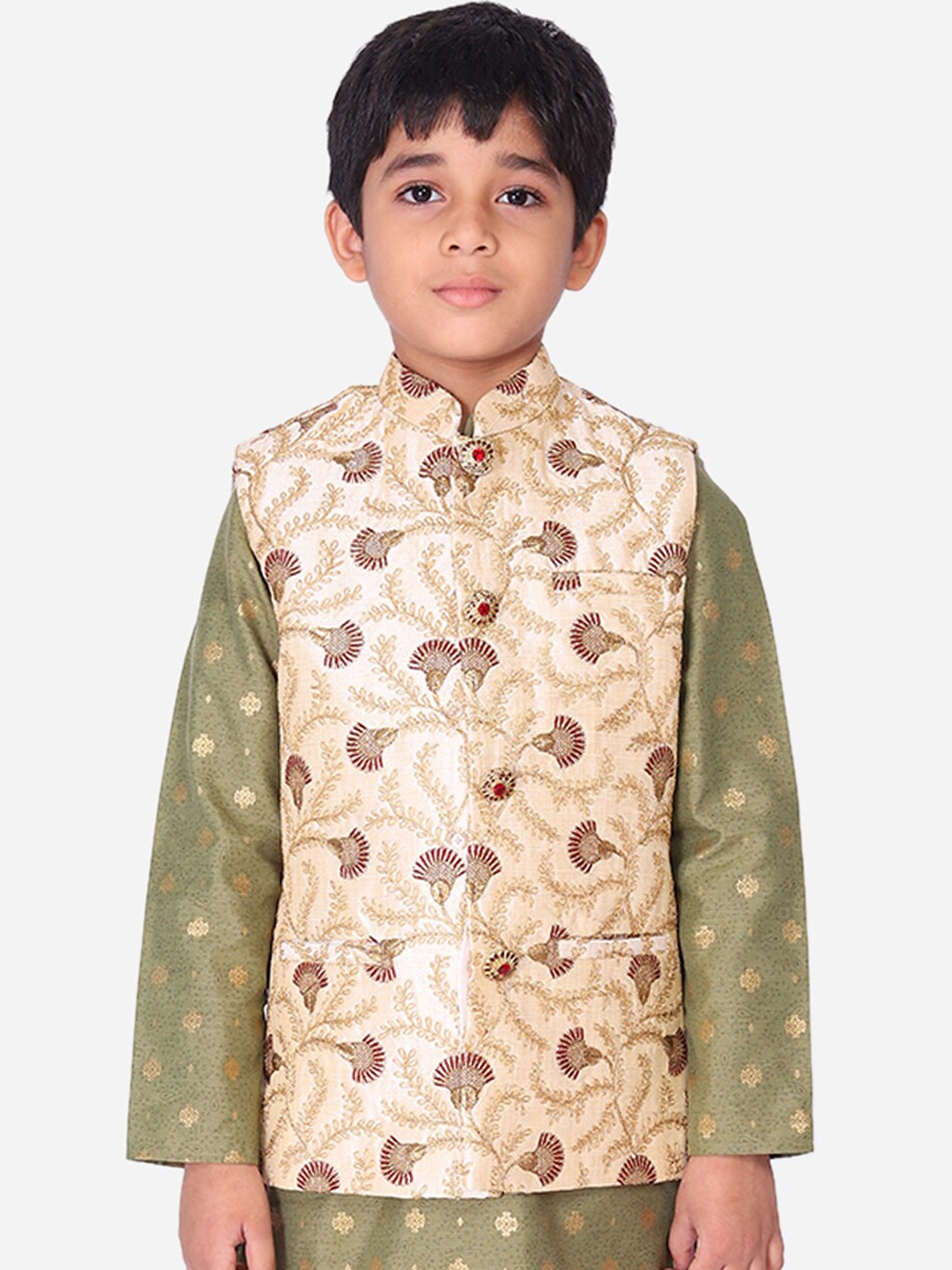 

NAMASKAR Boys Maroon Woven-Design Slim-Fit Nehru Jacket