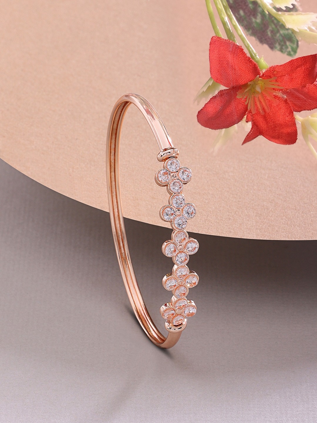 

AMI Women White Cubic Zirconia Rose Gold-Plated Kada Bracelet