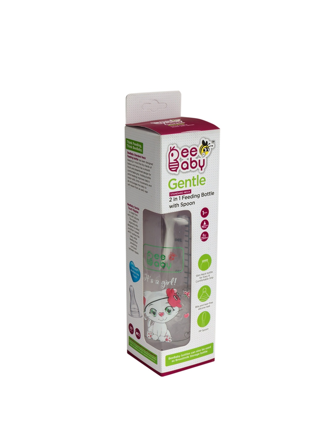 

Beebaby Pink 2 in 1 Baby Feeding Bottle with Plastic Feeder Spoon 250 Ml