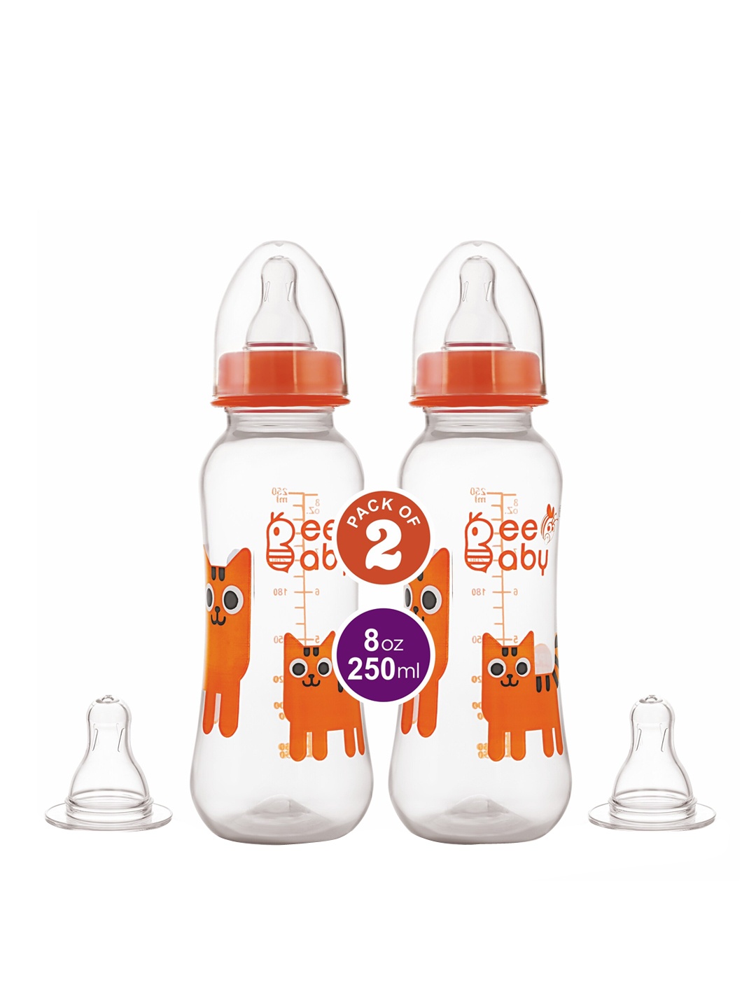 

Beebaby Kids Set Of 2 Orange Printed BPA Free Feeding Bottles With 4 Nipples - 250 ml