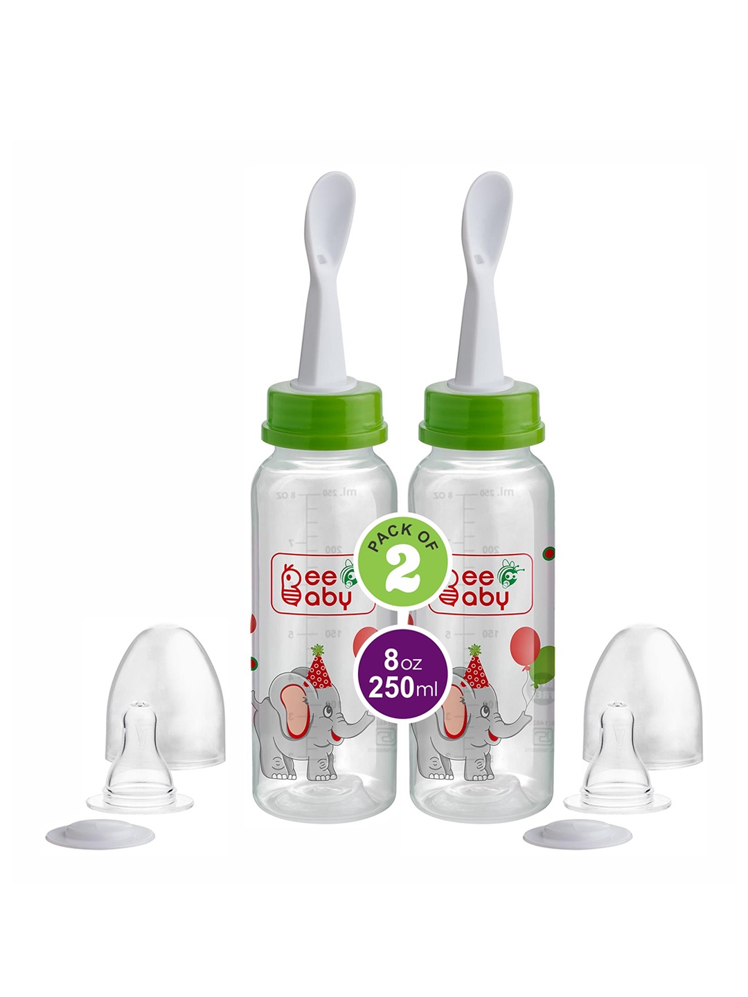 

Beebaby Set of 2 Green 2 in 1 Baby Feeding Bottle with Plastic Feeder Spoon 250 Ml
