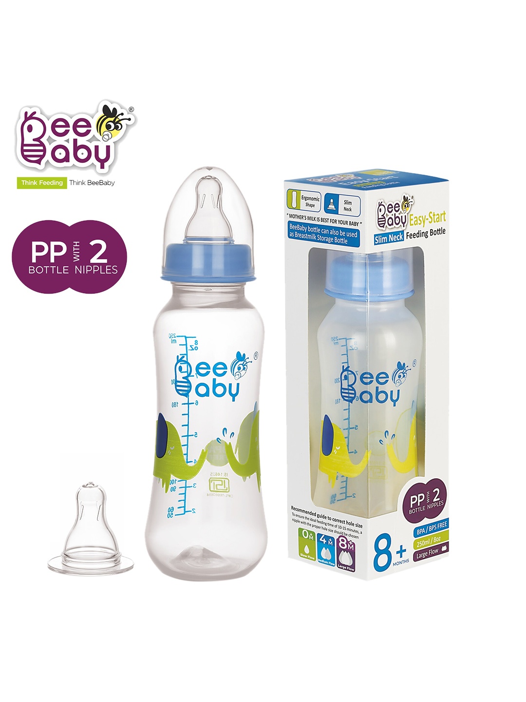 

Beebaby Kids Pack of 2 Slim-Neck Baby Feeding Bottle, 250 ML each, Blue