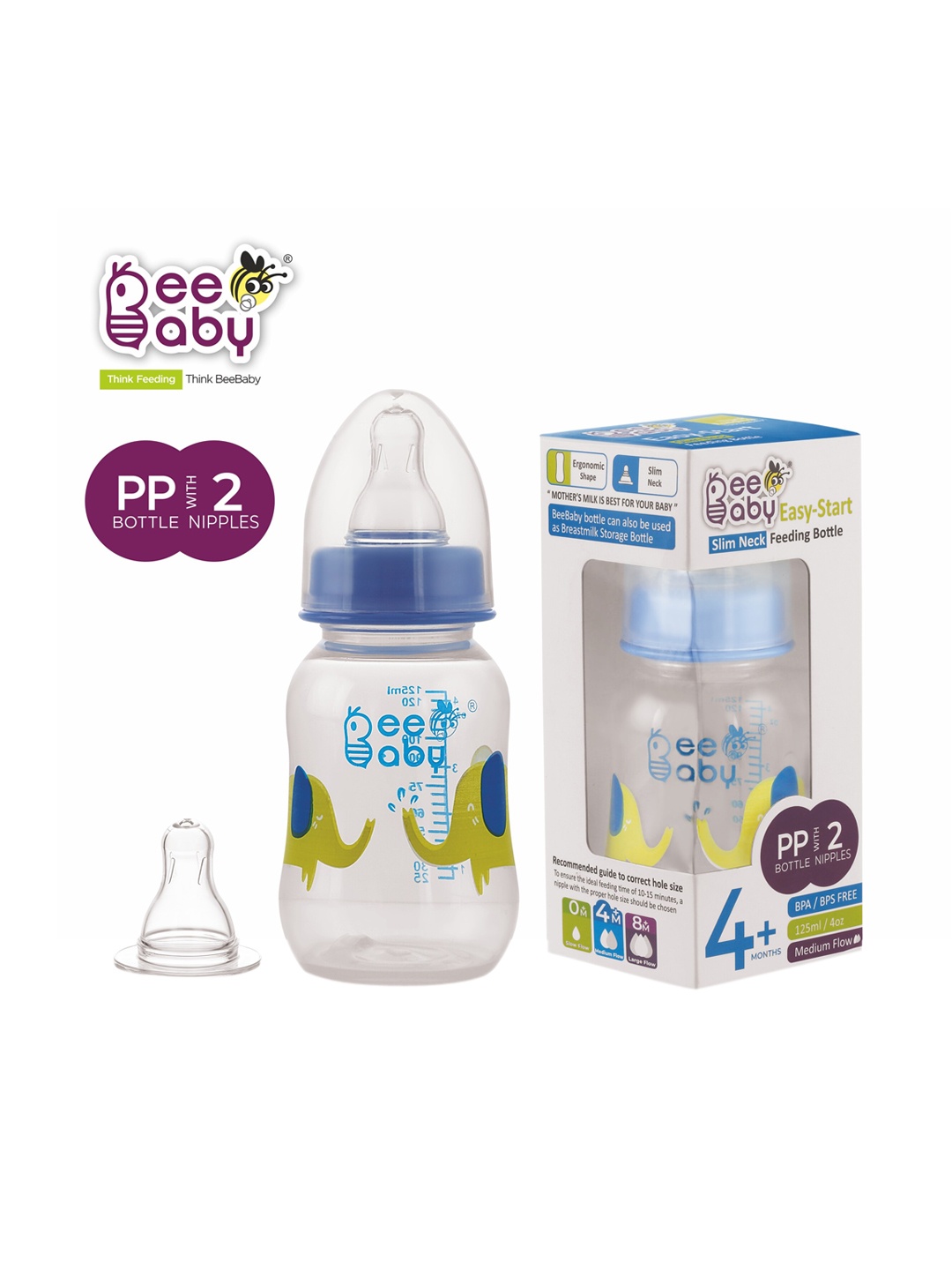 

Beebaby Kids Set Of 2 Blue Printed BPA Free Feeding Bottles With 4 Nipples - 250 ml
