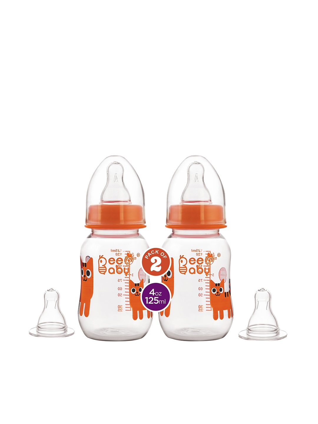 

Beebaby Set of 2 Orange Feeding Bottle with 4 Nipples 125 Ml