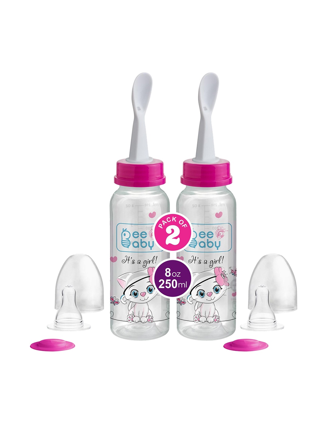 

Beebaby Kids Pack of 2 2 in 1 Baby Feeding Bottle with Plastic Feeder Spoon- 250 ml each, Pink