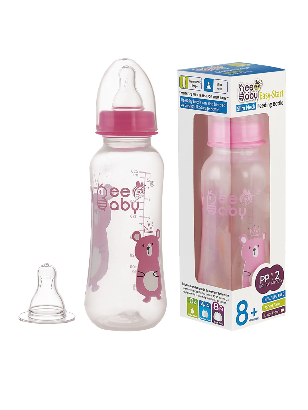 

Beebaby Kids Pink Feeding Bottle With 2 Nipples - 125 ml