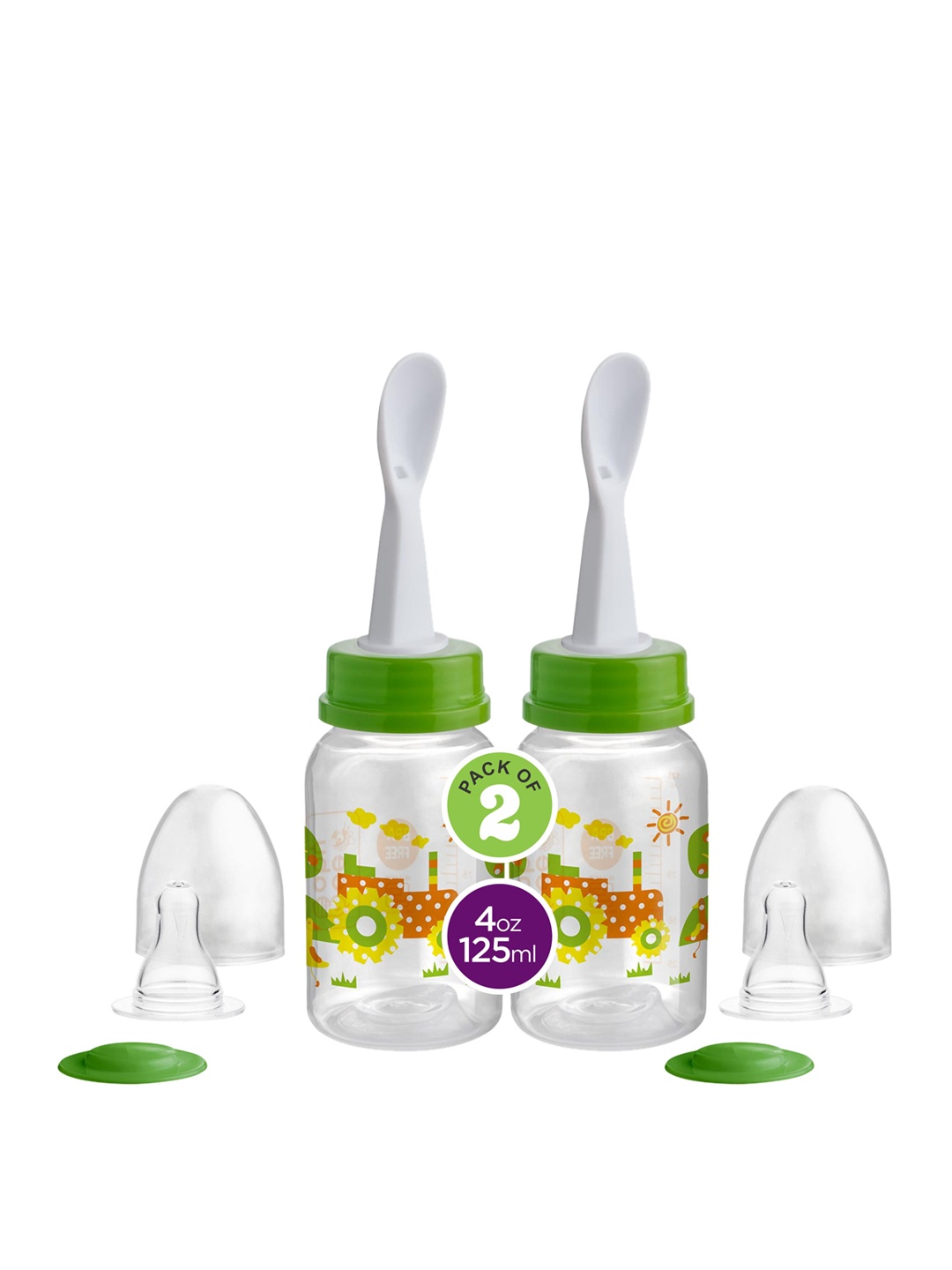 

Beebaby Green Pack of 2 Gentle 2 in 1 Feeding Bottle with Plastic Feeder Spoon-125 ml