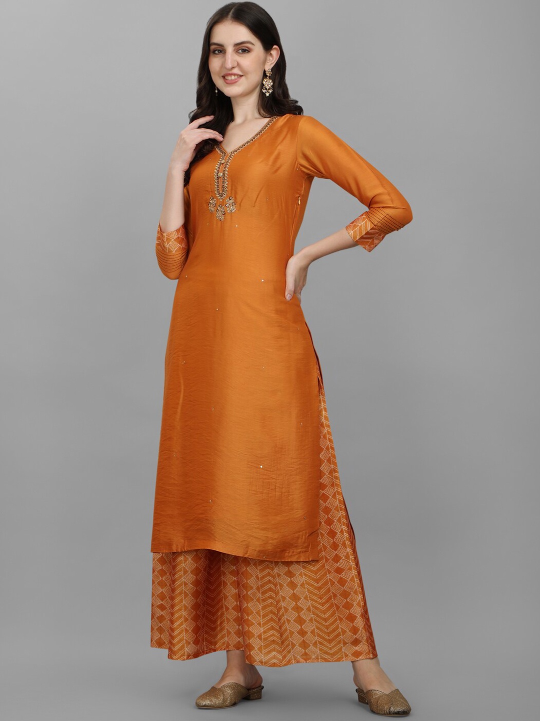 

Seerat Women Mustard Yellow Embroidered Chanderi Silk Kurta with Palazzos & With Dupatta