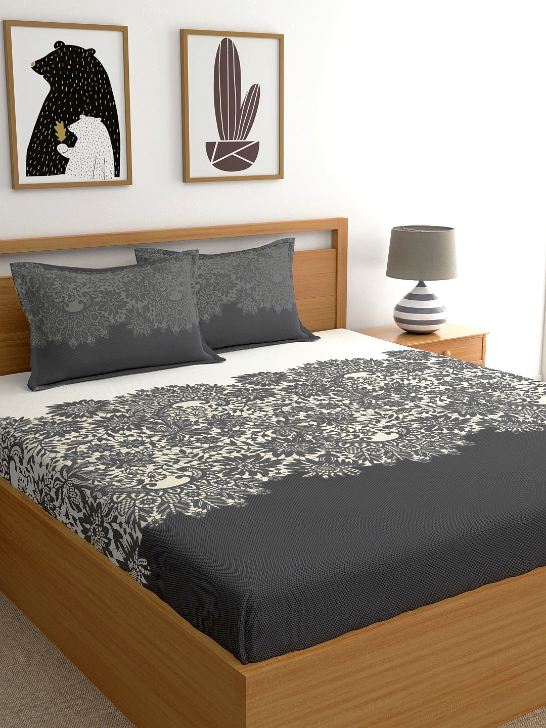 

My Room Grey & White Ethnic 140 TC Cotton King Fitted Bedsheet with 2 Pillow Covers