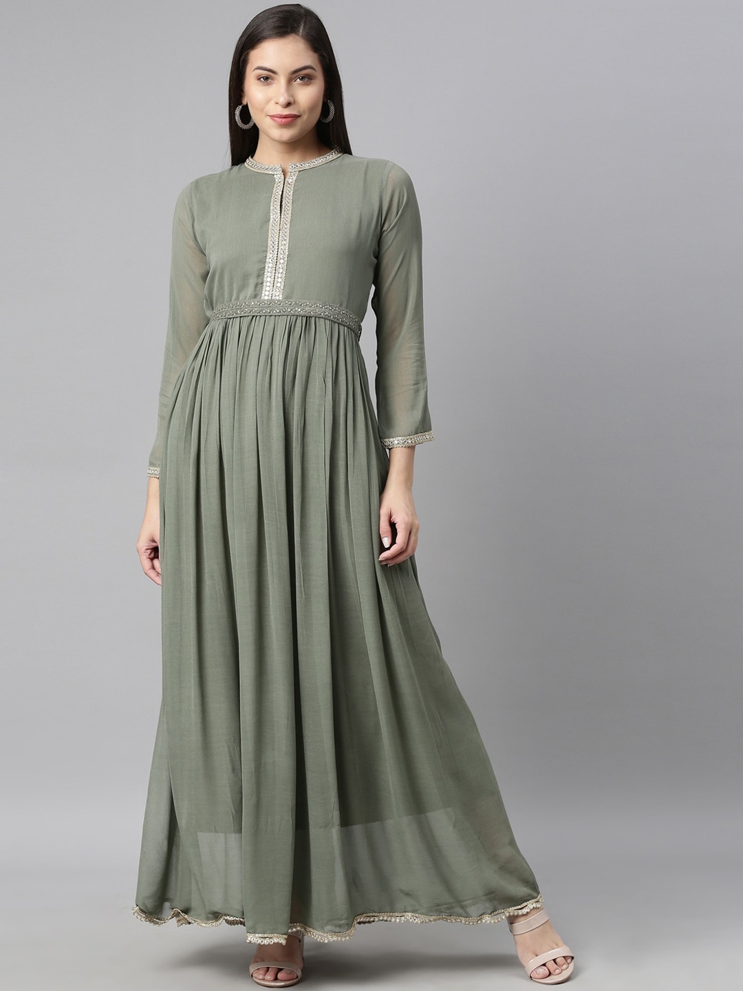 

Neerus Women Olive Green Embellished Gotta Patti Georgette Anarkali Kurta