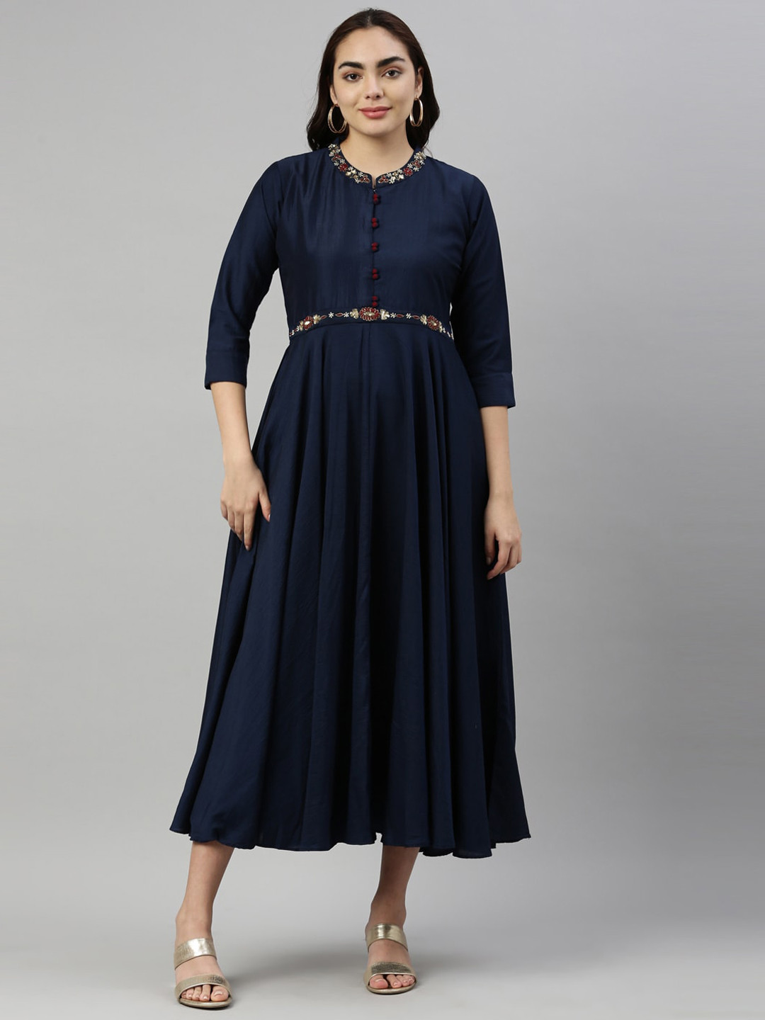 

Neerus Navy Blue Floral Embroidered Ethnic Silk Maxi Dress