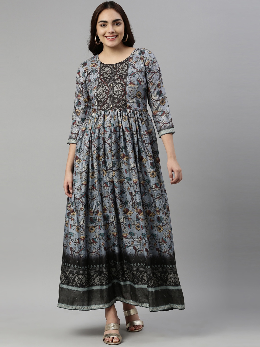 

Neerus Women Blue Floral Printed Silk Anarkali Kurta