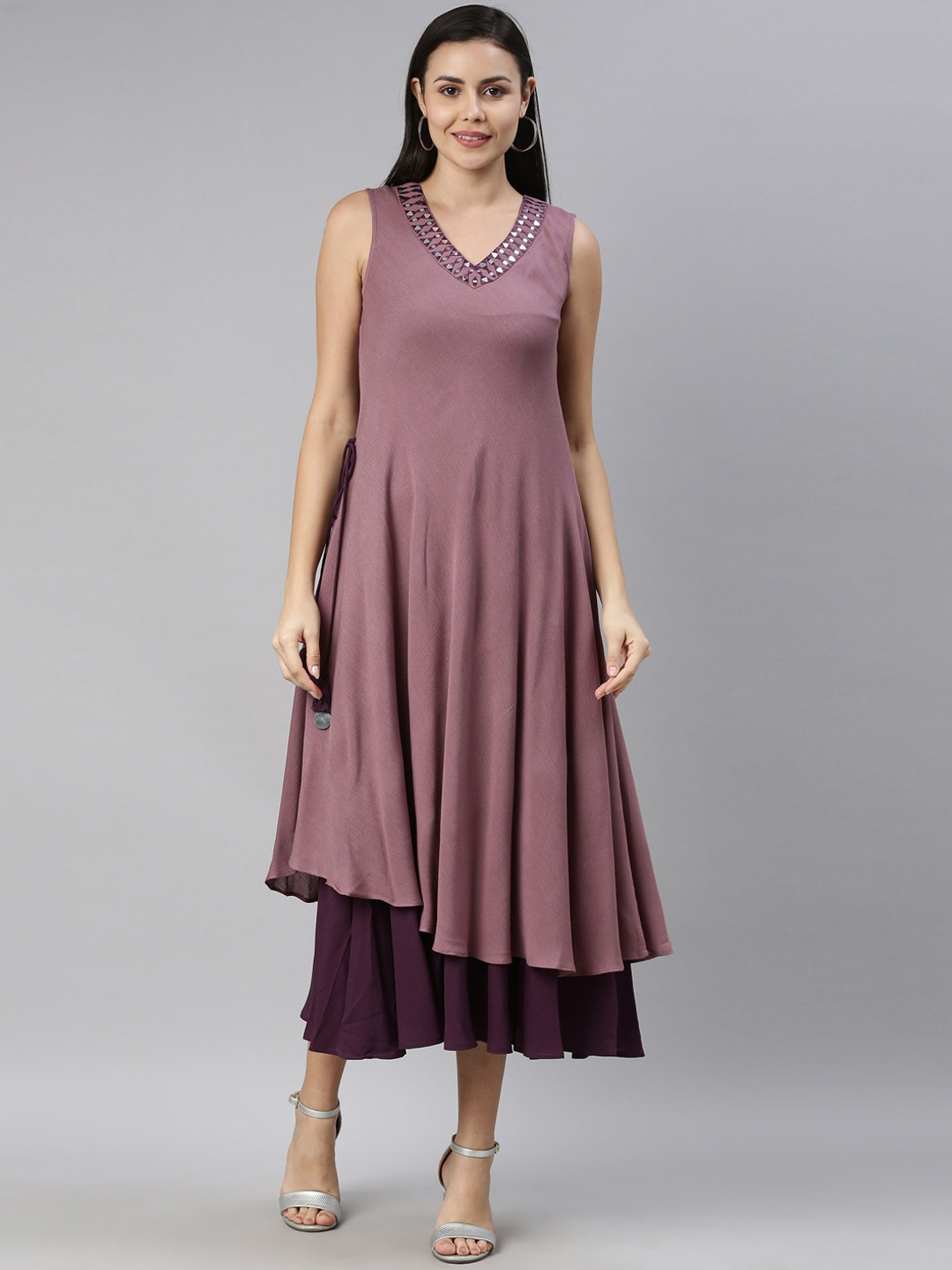 

Neerus Purple Embroidered Layered Midi Dress