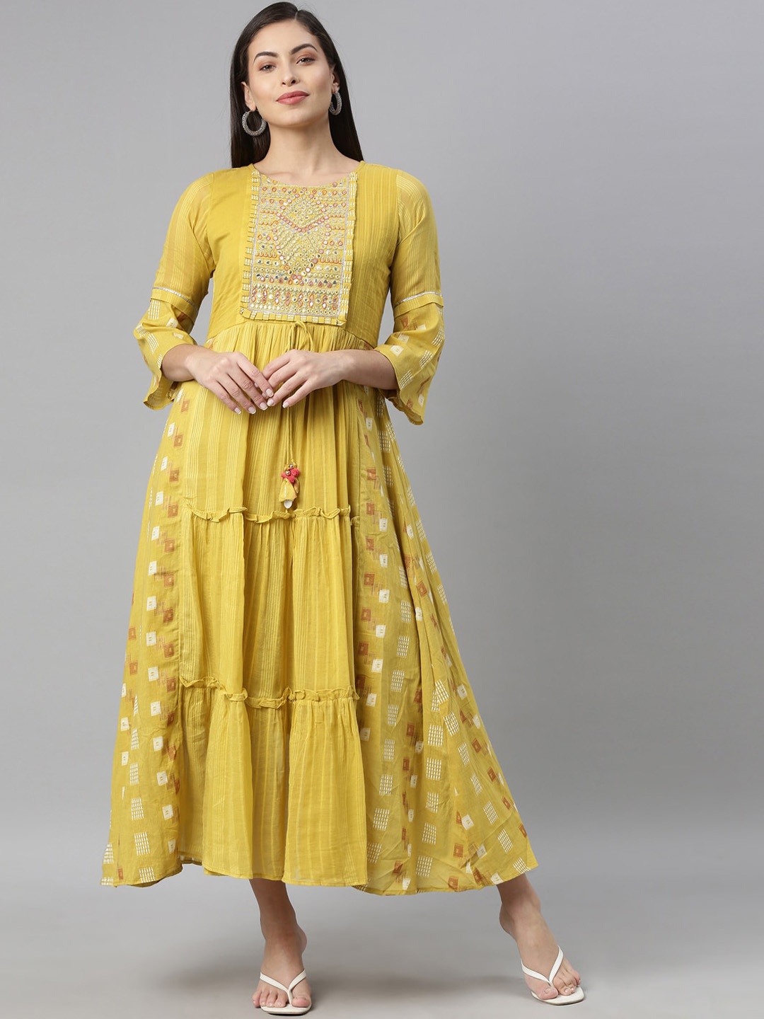 

Neerus Women Mustard Yellow Geometric Yoke Design Bell Sleeves Anarkali Kurta