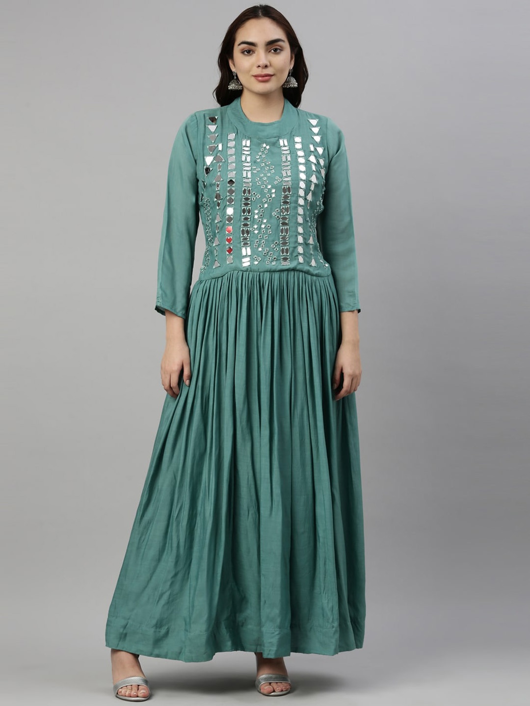 

Neerus Teal Green Floral Embroidered Ethnic Maxi Dress